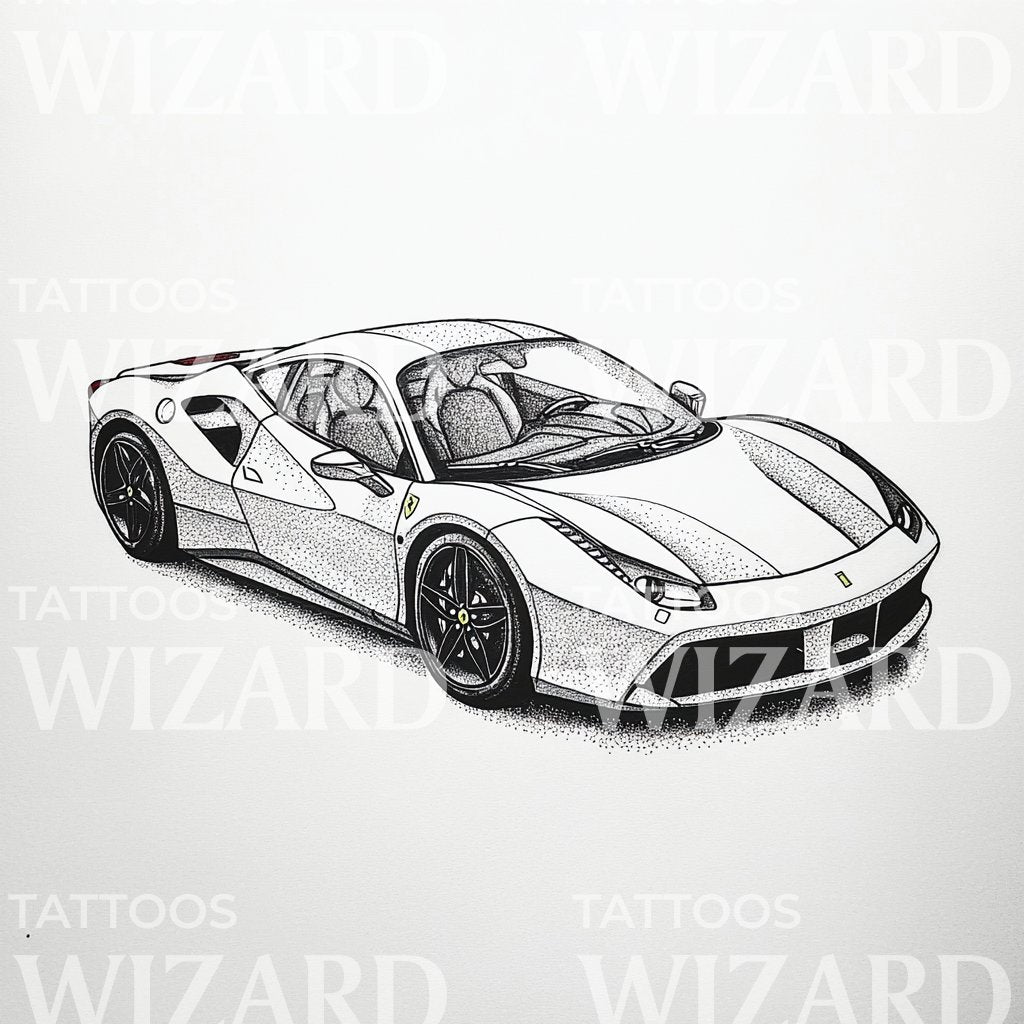 Realistic Ferrari Rear View in Dotwork Tattoo Design