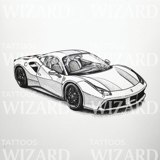 Realistic Ferrari Rear View in Dotwork Tattoo Design