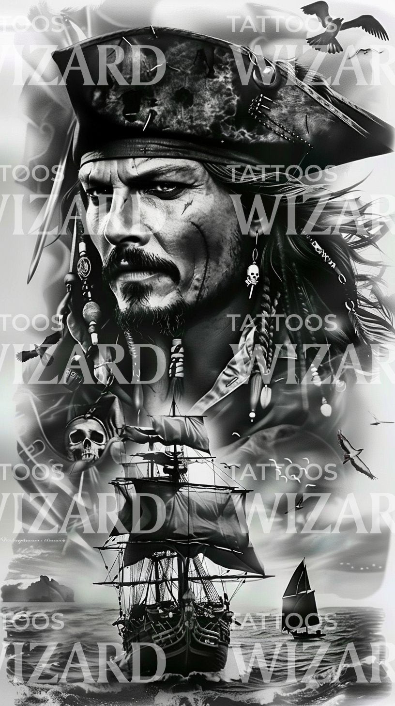 Realistic Pirate Portrait Sleeve Tattoo