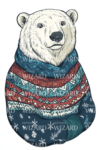 Realistic Polar Bear Winter Sweater Tattoo Illustration