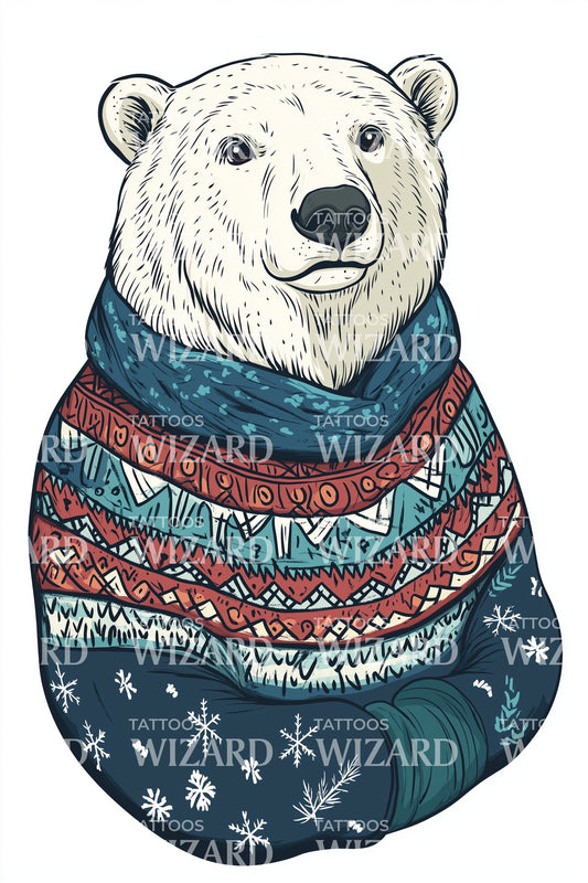 Realistic Polar Bear Winter Sweater Tattoo Illustration