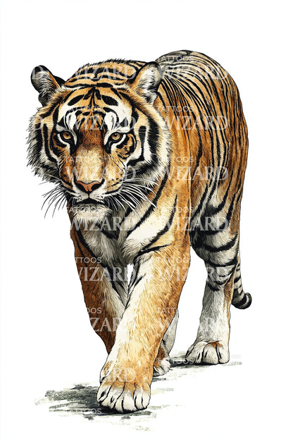 Realistic Walking Tiger Tattoo Design