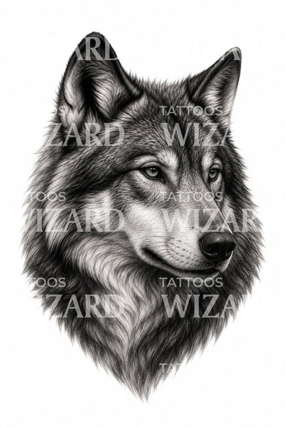 Realistic Wolf Portrait Tattoo Design