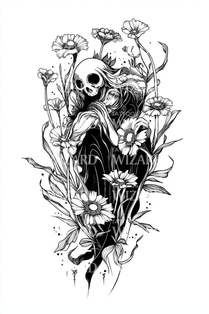 Diseño de tatuaje de flor silvestre Reaper
