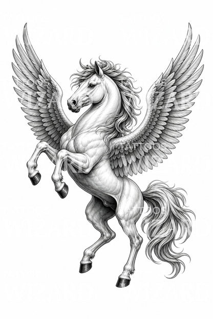 Rearing Pegasus Black and Grey Tattoo Design