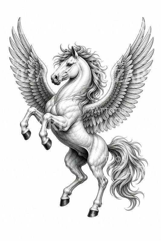 Diseño de tatuaje de Pegaso encabritado en negro y gris