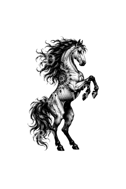 Cavallo selvaggio impennato con criniera fluente in dotwork