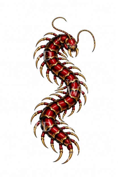 Tattoo-Design eines roten und goldenen Hundertfüßers