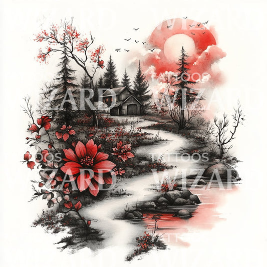 Red Blossom Countryside Tattoo Design