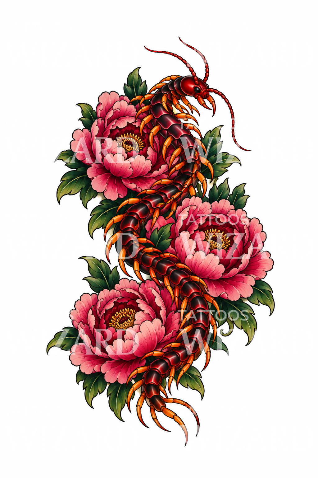 Roter Hundertfüßer zwischen Pfingstrosen, Tattoo-Design
