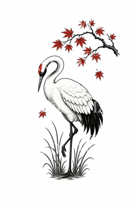 Tattoo-ontwerp met Japanse kraanvogel en esdoorn