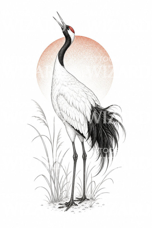 Diseño de tatuaje de grulla de corona roja en línea fina
