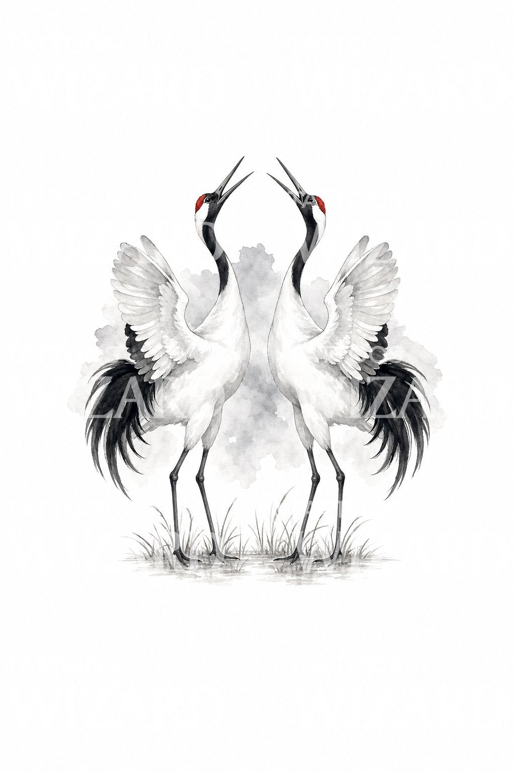 Illustrazione tattoo di coppia di gru della Manciuria danzanti