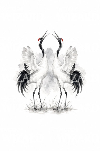 Illustrazione tattoo di coppia di gru della Manciuria danzanti