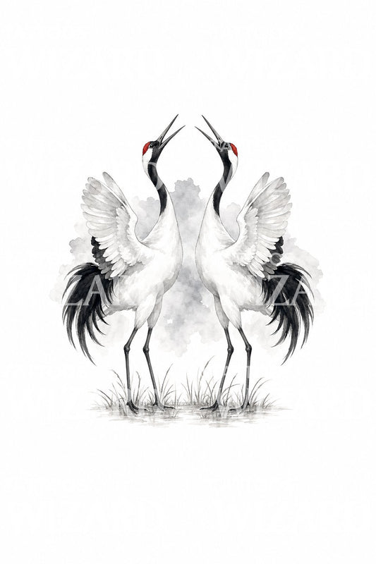 Illustrazione tattoo di coppia di gru della Manciuria danzanti