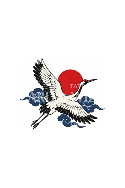 Japonské tetování jeřába korunkatého s vycházejícím sluncem