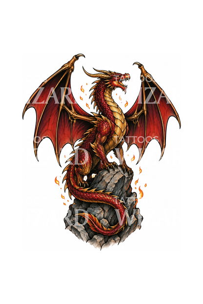 Red Dragon on Rocky Crag Tattoo Design