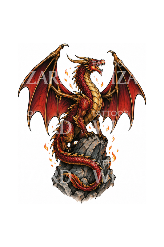 Red Dragon on Rocky Crag Tattoo Design