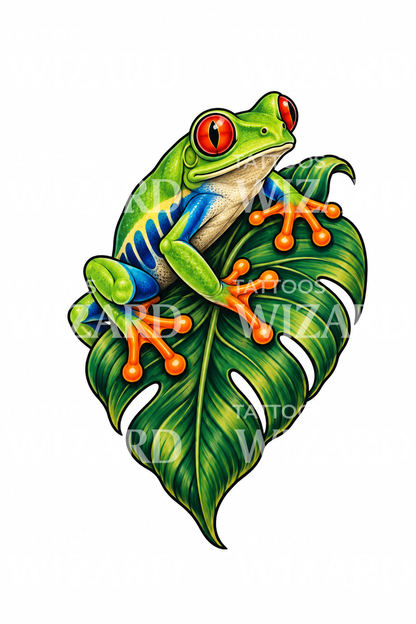Rã arborícola de olhos vermelhos numa folha de monstera, ideia de tatuagem