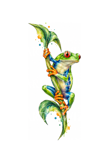 Aquarell-Tattoo eines Rotaugenlaubfroschs am Stiel