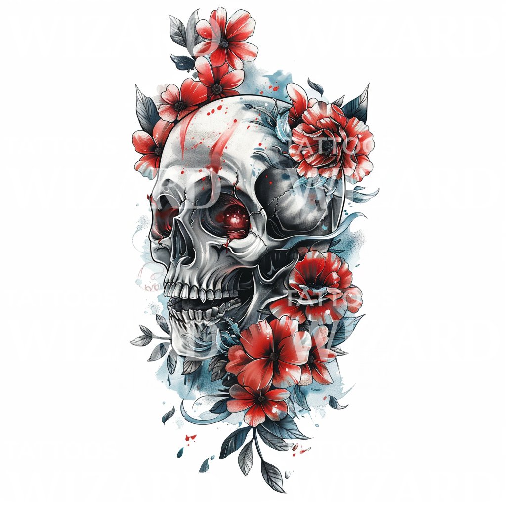 Red Flowers Growing Around a Skull Tattoo Illustration