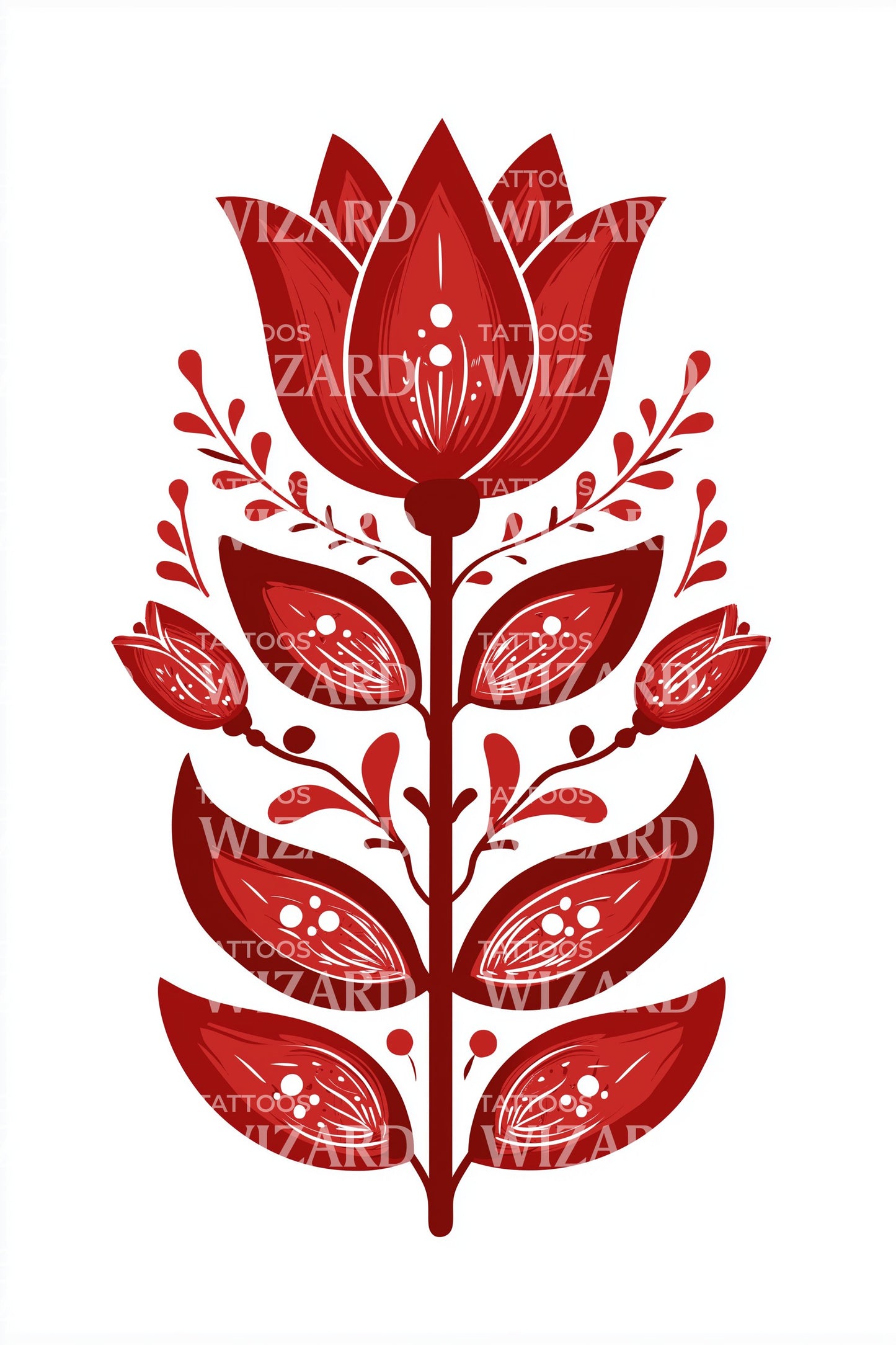 Red Folk Floral Totem Tattoo Illustration