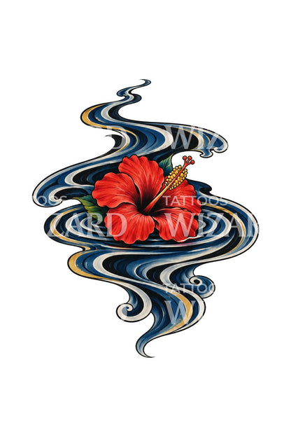 Red Hibiscus Drifting on River Current Tattoo Illustration