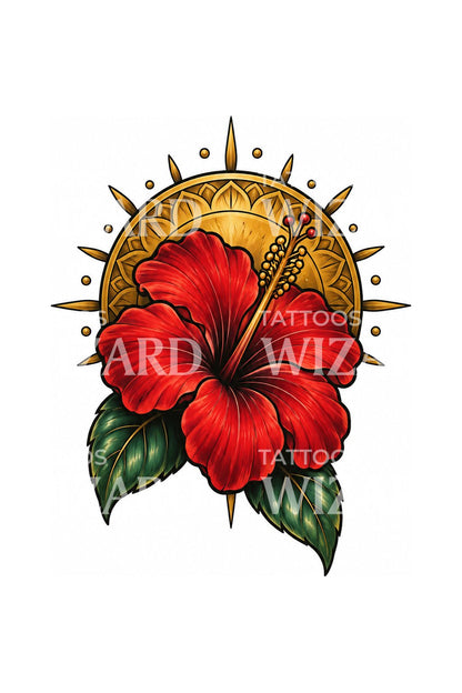 Tattoo med rød hibiscus og gylden solskive