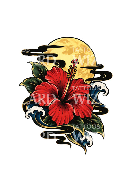 Tattoo-Illustration mit roter Hibiskus, Mondwind und Streifen