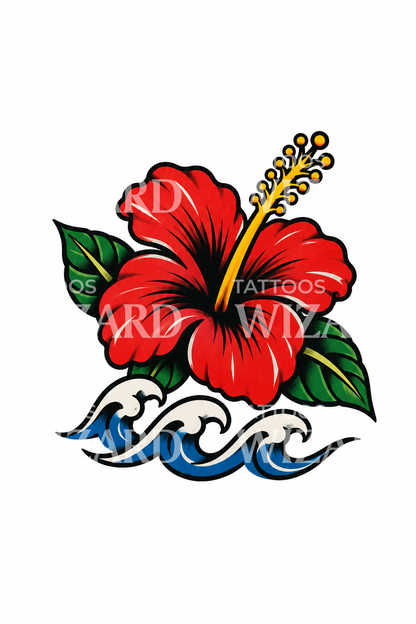 Flash-tattoo-ontwerp met rode hibiscusgolf