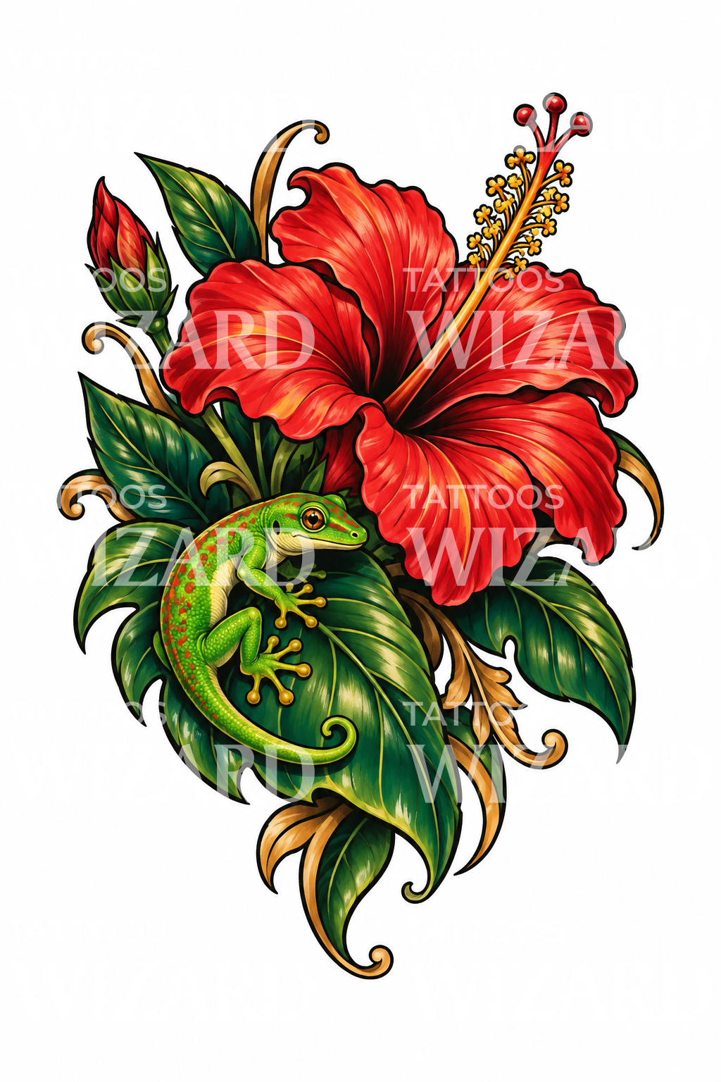 Kırmızı Hibiskus ve Gecko Dövme Tasarımı