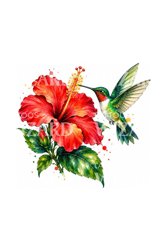 Red Hibiscus with Hummingbird Tattoo Idea