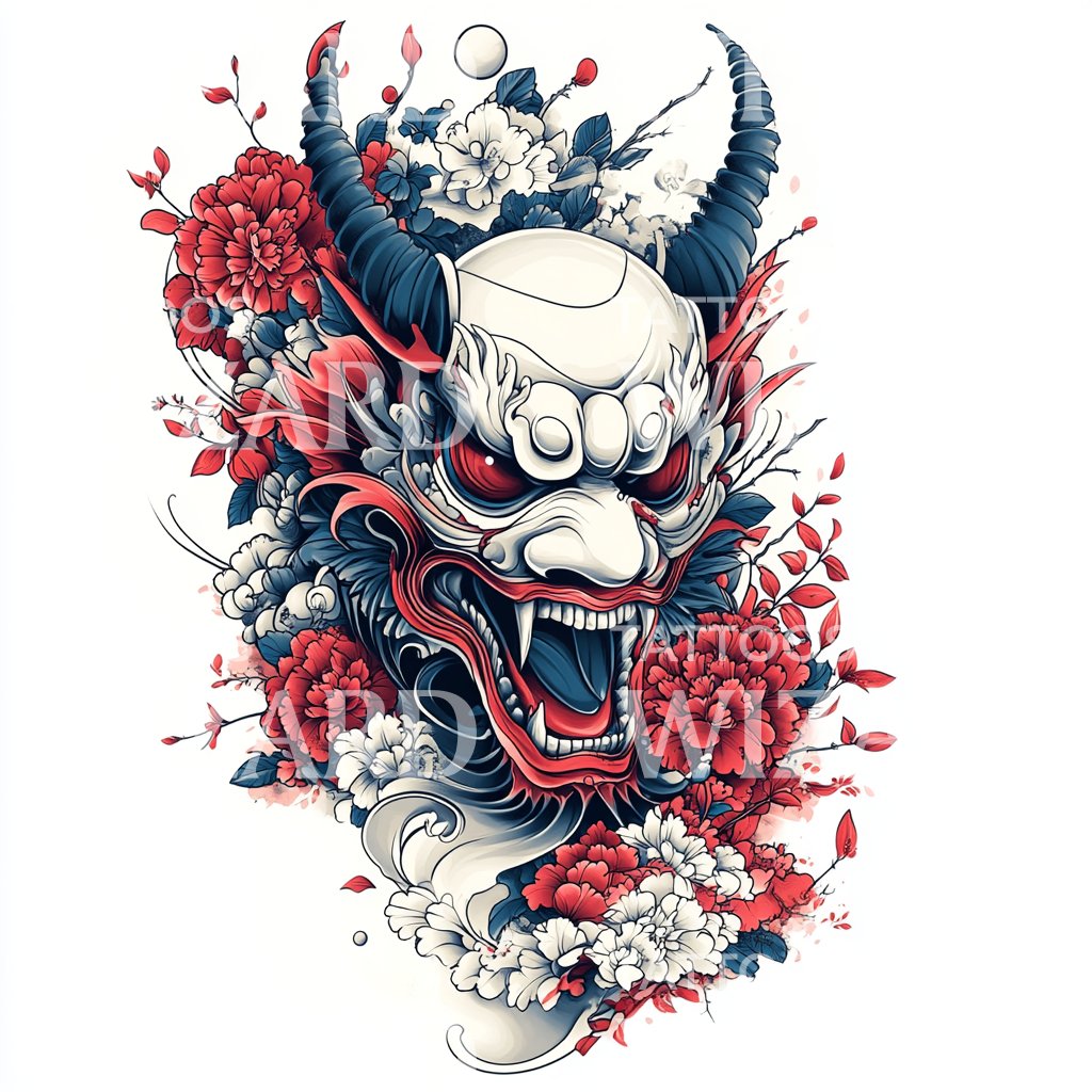 Red Horned Oni with Roses Tattoo Illustration