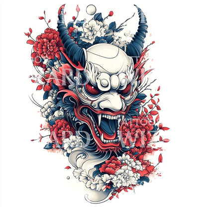 Red Horned Oni with Roses Tattoo Illustration