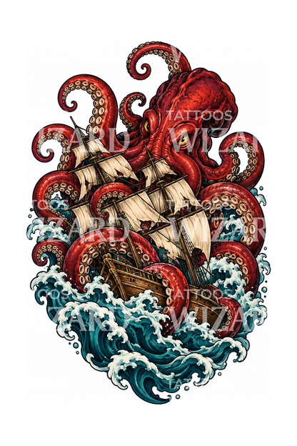 Rød kraken drar et høyt skip ned i bølgene