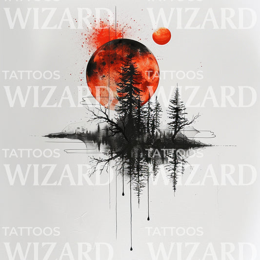 Red Moon Pine Tree Tattoo Design