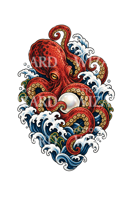 红色章鱼珍珠日式纹身