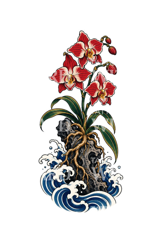 依附岩石的红色兰花和风纹身插画