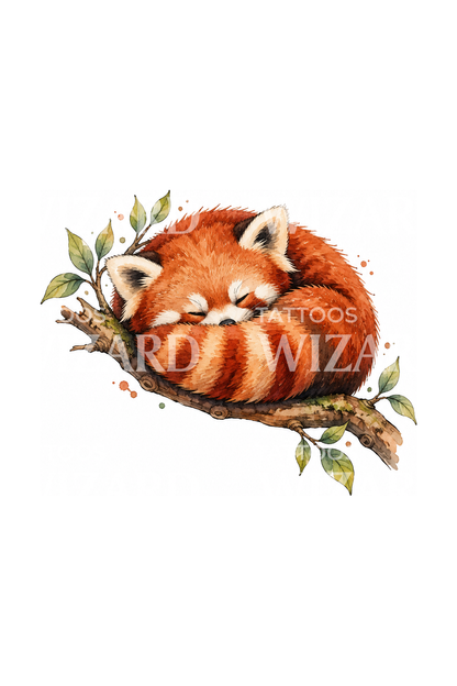 Tatuaggio acquerello di un panda rosso addormentato, accoccolato su un ramo