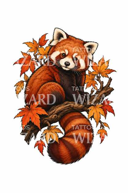 Red Panda on Branch with Autumn Leaves Tattoo
