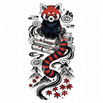 Design de tatouage panda roux et rouleaux