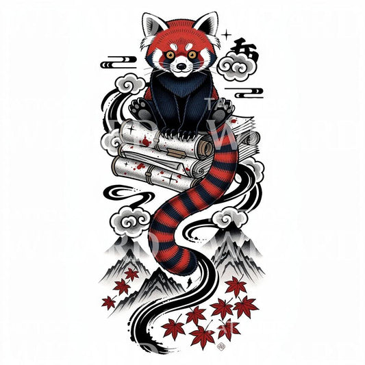 Diseño de Tatuaje de Panda Rojo y Pergaminos