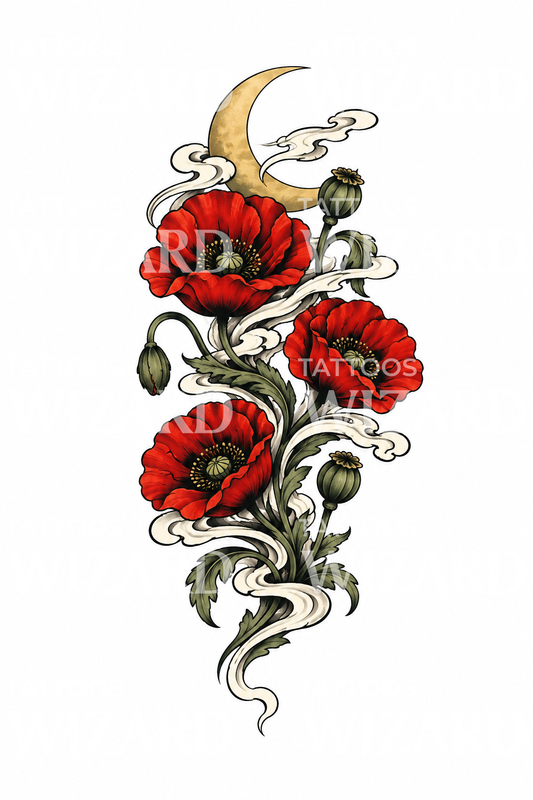 Red Poppies with Crescent Moon Japanese Tattoo Idea