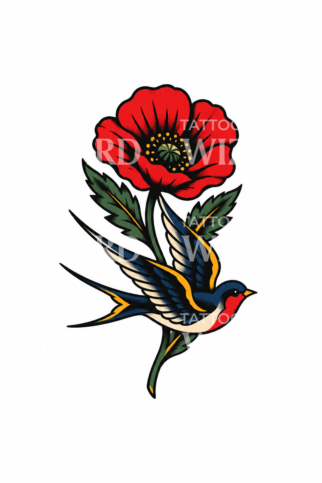 Red Poppy and Swallow Flash Tattoo Design