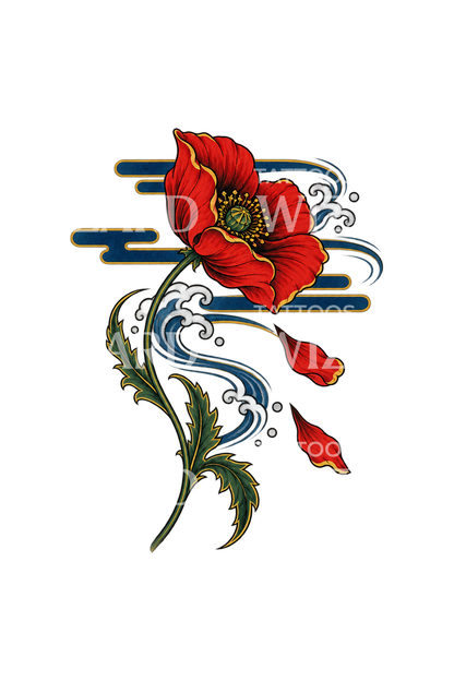 Red Poppy Bending in Japanese Wind Tattoo Design