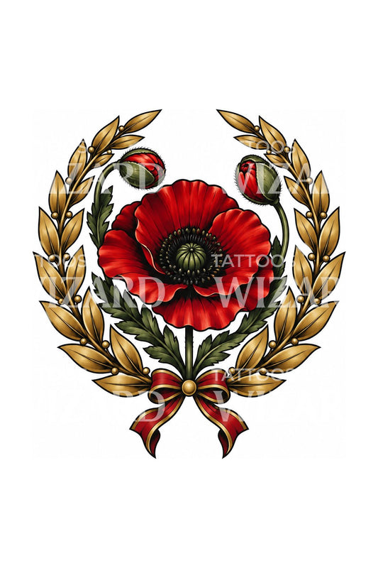 Tattoo-Design rote Mohnblume im goldenen Lorbeer