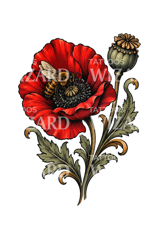 Tatoveringsdesign med rød valmue og bie