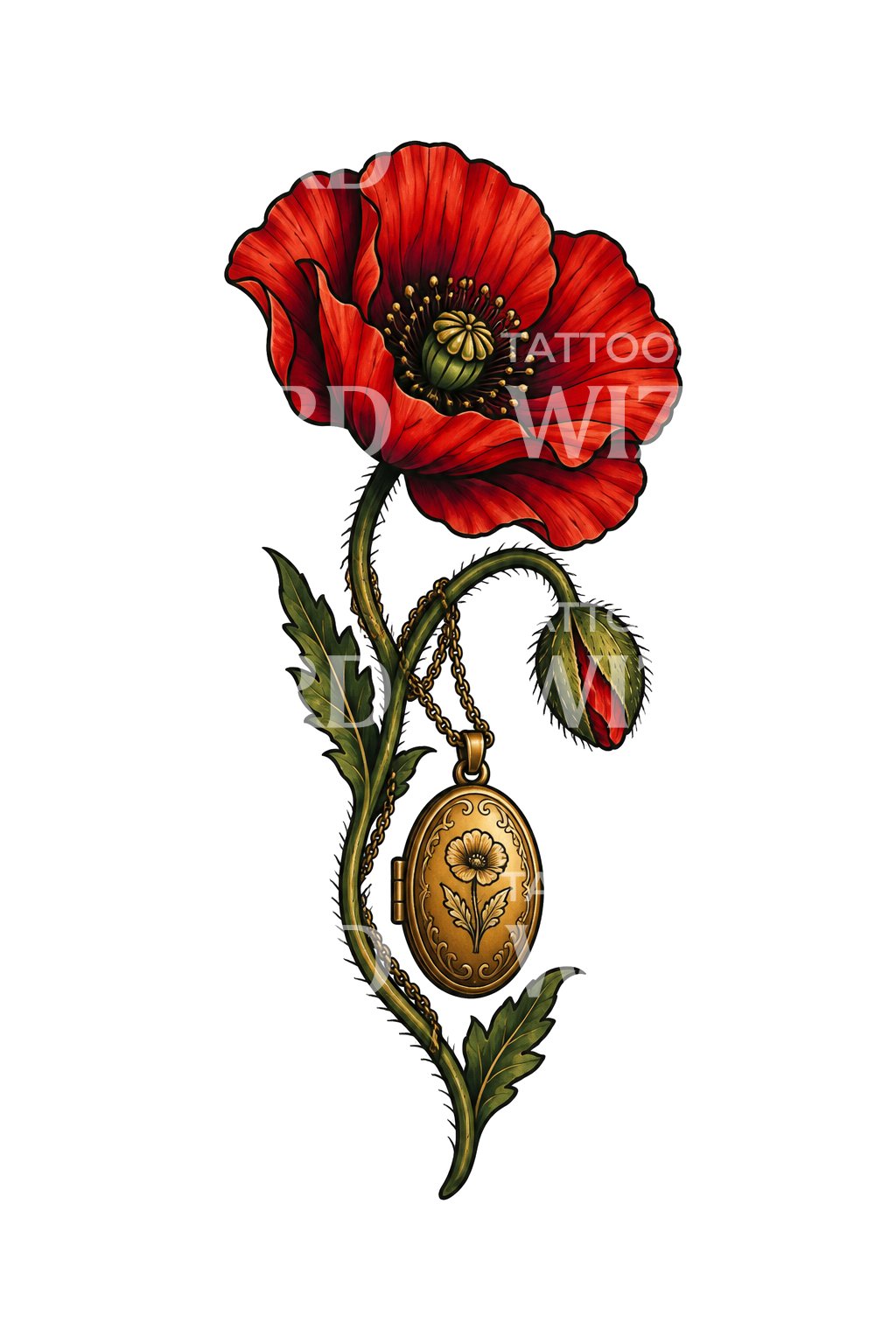 Tattoo-Design mit rotem Mohn und goldenem Medaillon