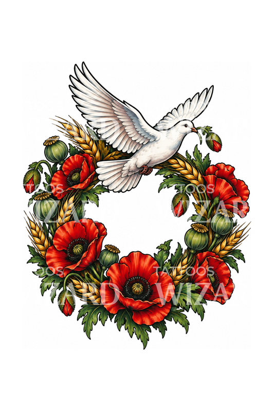 Red Poppy Wreath with Dove Tattoo Design