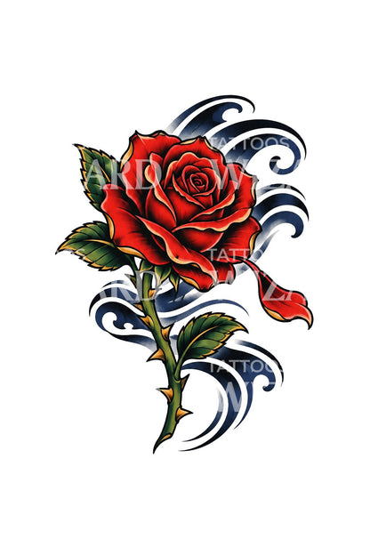 Red Rose Losing a Petal to the Wind Tattoo Design
